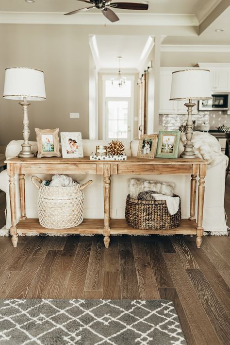 The Perfect Foyer Table from World Market styled by Louisiana blogger, Jenn of Haute Off The Rack, counter bistro chairs, gold bar cart Sofa Table Decor Living Room, Behind Sofa Table, Farmhouse Sofa Table, White Loveseat, Sofa Table Decor, Meja Sofa, Table Behind Couch, Farmhouse Sofa, Modern Hall