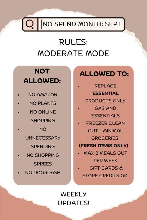 No Spend Days Ideas, Budget Rules Saving Money, No Buy Year 2024, No Spend September, Over Spending, No Spend Month Rules, Finance Tips Saving Money, No Spend Week, No Spend Year Challenge