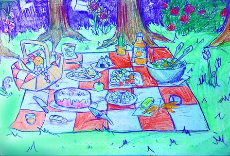 Picnic Date Drawing, Picnic Blanket Drawing, Picnic Drawing Reference, Picnic Reference, Picnic Drawing, Picnic Basket Food, Beginner Drawing, Lots Of Food, Picnic Theme