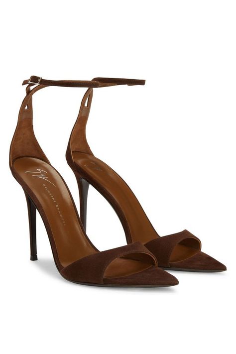 Find GIUSEPPE ZANOTTI Intriigo Strap 105 on Editorialist. Suede pointed open-toe sandals with a strap and stiletto heel. Brown suedeBrown suede crossover back strap with silver metal buckle105 mm heelHeel covered in brown suedeBrown leather sole with logo Origin Italy Color Brown More Less Brown Designer Heels, Luxury Brown Heels With Heel Strap, Luxury Brown Strapped Heels, Designer Brown Luxury Heels, Brown Heels Outfit, Luxury Fitted Brown Heels, Night Life Party, Jazz Club New York, Luxury Brown Open Toe T-strap Sandals