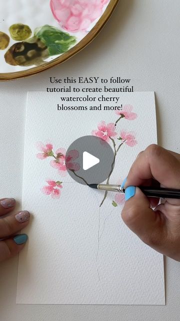 Easy Beautiful Watercolor Paintings, Watercolour Step By Step Easy, Quick And Easy Painting Ideas, Watercolor Tutorials Videos, Watercolor Flowers Tutorial Step By Step, Watercolor Videos Tutorial, Watercolour Cherry Blossom, Cherry Blossom Tutorial, Cherry Blossom Watercolor