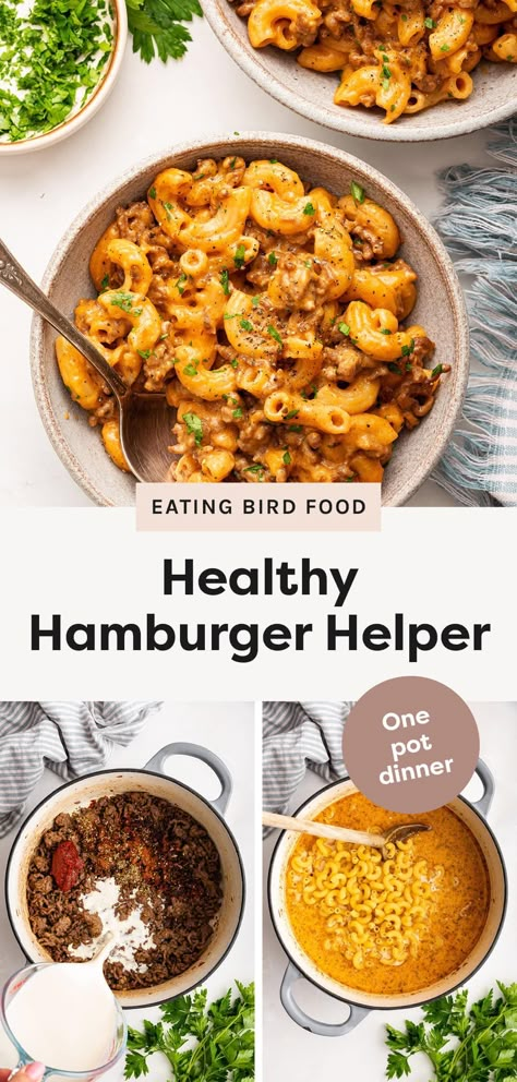 Skip the boxed meal and make this homemade healthy hamburger helper instead. It's a one pot meal that's ready in under 30 minutes for an easy weeknight dinner that the whole family will love. Cheese Burger Meal Prep, Healthy Hamburger Helper Clean Eating, Hamburger Dinner Ideas Healthy, Ground Chicken Hamburger Helper, Cauliflower Hamburger Helper, Healthy Hamburger Mac And Cheese, Healthy Hamburger Pasta, Mexican Hamburger Helper, Healthy Cheeseburger Macaroni