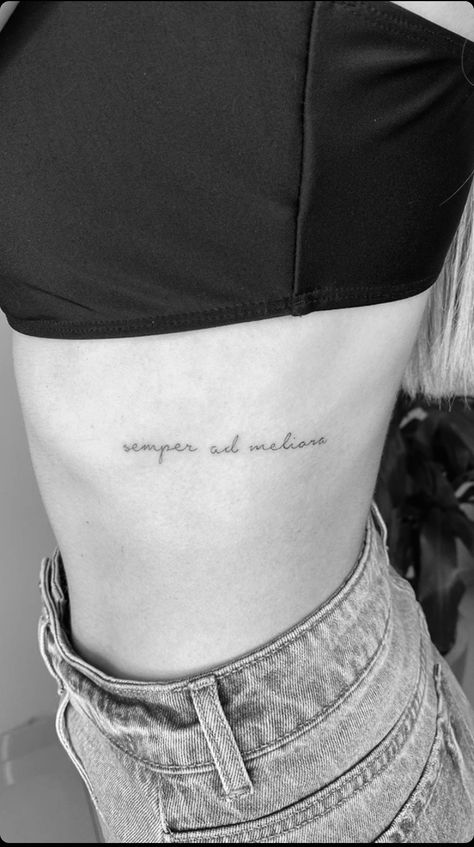 Rib Cage Word Tattoos For Women, Rib Tattoo Font, Quote Tattoos For Women Rib, Rib Cage Script Tattoo, Short Script Tattoos, Ribcage Quote Tattoo, Fine Line Ribcage Tattoo, Fine Line Tattoo Words Fonts, Ribs Quote Tattoo