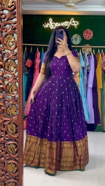 Long Frock Front Neck Designs, Silk Long Frocks Indian, Front Neck Designs For Frocks, Silk Saree Frock Dresses, Traditional Gown From Saree, Silk Gown Designs Indian, Latest Gown Style, Neck Designs For Long Frocks, Dress Models For Stitching