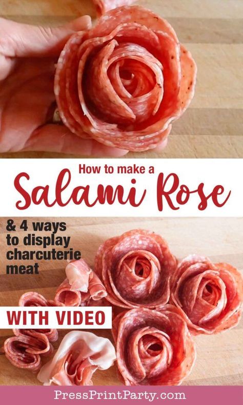 Make a SALAMI ROSE and 4 Easy Ways to Display Charcuterie Meat - How to make a salami Rose. Easy salami roses Are the perfect addition to any charcuterie board and folding your meats in an interesting way really takes your charcuterie plates to the next level. You’ll need about 9 slices of salami and a shot glass. The video will show you not only an easy way to make a salami rose, but also a salami or prosciutto rose bouquet, a salami chain, and a prosciutto fan - Press Print Party! Essen, Salami Chain, Prosciutto Rose, How To Make Salami, Salami Rose, Charcuterie Board Meats, Charcuterie Meats, Sliced Salami, Charcuterie Plate