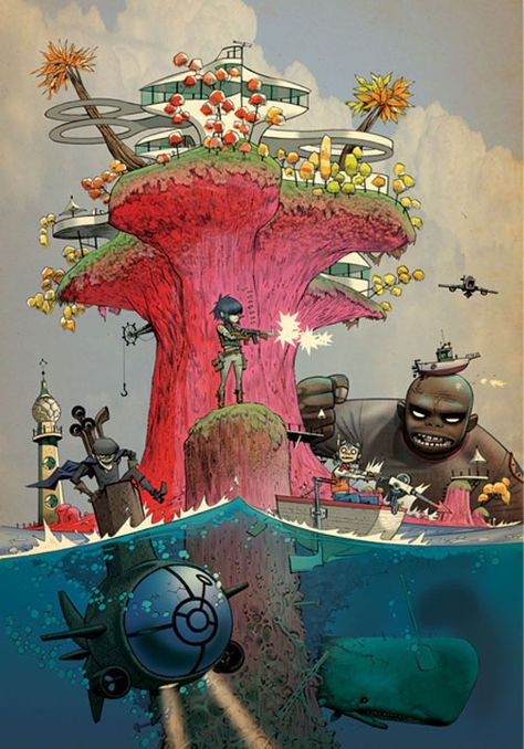 Gorillaz - Plastic Beach Gorillaz Plastic Beach, Jamie Hewlett Art, Gorillaz Fan Art, Plastic Beach, Monkeys Band, Jamie Hewlett, Gorillaz Art, Art Tumblr, Band Posters