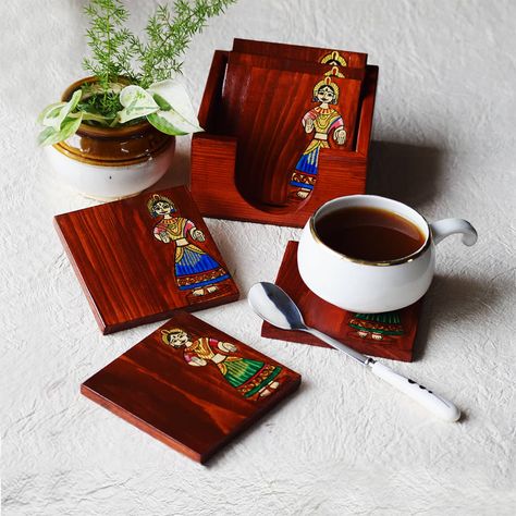 Hand painted Bommai Wooden Coasters - Dining & Serving Kitchen & Dining Home Décor | World Art Community Serving Kitchen, Coasters Design, Wooden Creations, Unique Coasters, Tea Coaster, Trendy Blouse, Painted Jewelry, Hand Painted Jewelry, Coaster Design