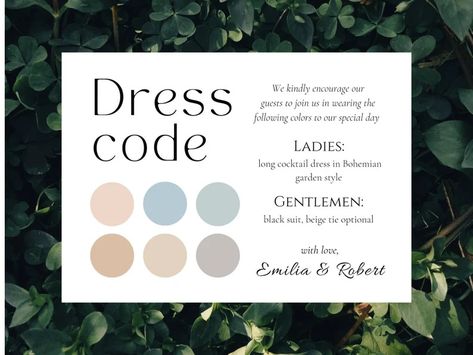 Dress Code Details Card, Wedding Dress Code Policy, Minimalist Wedding Guest Attire Template, Guest Color Guide, Party Neutral Tone Palette - Etsy Turkey Guest Details What To Wear And Color Scheme Wedding Invitation, Color Palette For Wedding Guest, Wedding Guest Attire Guide Invitation, Dresscode Wedding Invitation, Wedding Guest Color Palette Dress Code, Wedding Dress Code Color Palette, Wedding Guest Dresscode, Wedding Guest Dress Code Color Scheme, Haldi Games