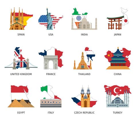 Countries Flags Landmarks Flat Icons Set Country Flags Icons, Travel Doodles, Logo Fleur, Countries And Flags, Free Icon Set, City Icon, Flat Icons Set, Luggage Labels, Doodle Art Drawing