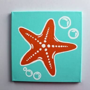 Cute Simple Small Paintings, Cute Fun Painting Ideas, Ocean Canvas Art, Simple Paintings Cartoon, Beach Theme Canvas Painting, Sea Star Painting, Cute Ocean Painting, Painting Inspo On Canvas, Sea Animal Paintings Easy