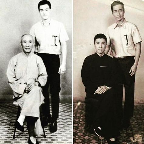 Then and now: Ip Man w/ Bruce Lee and Donnie Yen w/ Danny Chan Donnie Yen Ip Man, Danny Chan, Wing Chun Martial Arts, Kung Fu Hustle, Bruce Lee Pictures, Hidden Dragon, Bruce Lee Martial Arts, Wing Chun Kung Fu, Bruce Lee Quotes