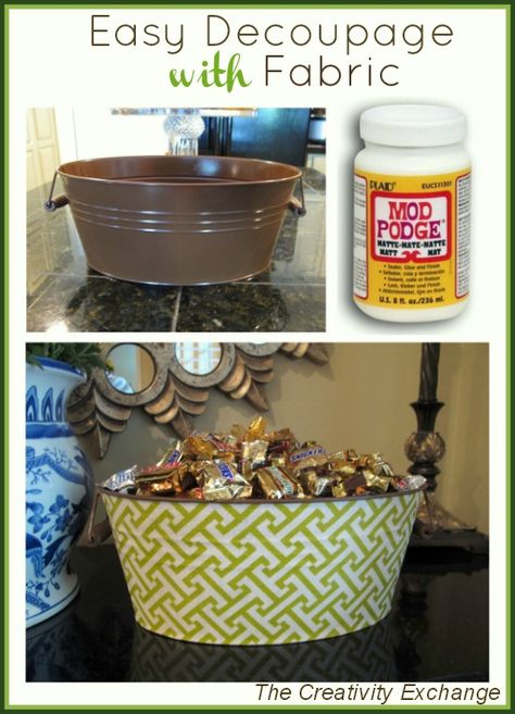 How to Decoupage Metal Buckets with Fabric & Mod Podge {The Creativity Exchange} Decoupage Metal, The Creativity Exchange, Mod Podge Projects, Metal Buckets, Treat Bucket, Mod Podge Crafts, Décor Diy, Crafty Projects, Crafty Craft