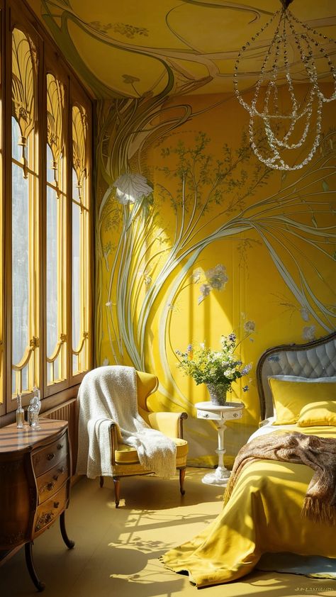 Discover a tranquil yellow wallpaper bedroom that beautifully combines Art Nouveau elegance with comfort. Intricate floral patterns flow seamlessly across the walls, while sunlight dances through ornate windows. Antique wooden furniture and a cozy vintage armchair enhance the inviting atmosphere. This harmonious space reflects early 20th-century design principles, perfect for those seeking inspiration in home decor. #InteriorDesign #ArtNouveau #HomeDecor Art Nouveau House Decor, Art Nouveau Home Interior Design, Art Nouveau Bedroom Interior Design, Art Nouveau Architecture Interior, Yellow Wallpaper Bedroom, Art Nouveau Bed, Ornate Wallpaper, Art Nouveau Interior Design, Antique Wooden Furniture