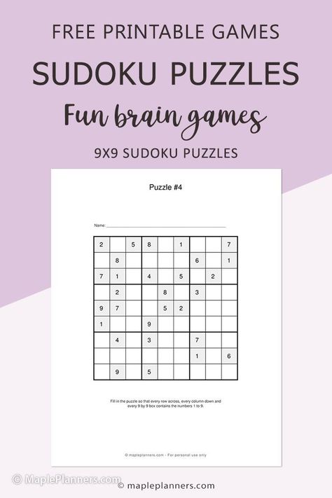 Free Printable Sudoku Puzzles | Perfect Memory and Brain Games Free Soduko Printable, Printable Brain Games For Adults, Free Printable Sudoku Puzzles, Suduko Printables For Adults, Free Printable Puzzles For Adults, Free Sudoku Printable, Printable Puzzles For Adults, Printable Sudoku Puzzles, Mind Games Puzzles