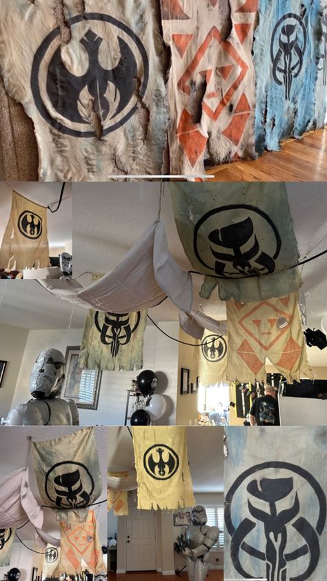 Dollar tree Star Wars banners. Made from pillow cases and acrylic paint Dollar Tree Star, Scifi Room, Twin Nursery Room, Scifi Decor, Cyberpunk Room, Star Wars Bathroom, Diy Star Wars, Star Wars Bedroom, Star Wars Crafts