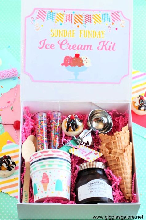 Ice Cream Gift Basket, Sundae Funday, Ice Cream Month, Ice Cream Sunday, National Ice Cream Day, National Ice Cream Month, Ice Cream Gift, Celebration Box, Creative Party Ideas