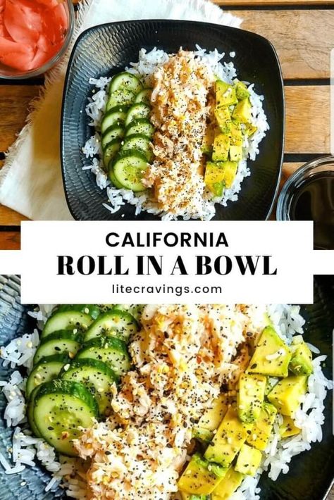 Simple Sushi Bowl, Rice Cucumber Bowl, Crab Meal Prep, Rice And Cucumber, Crab Rice Bowl, Crab Sushi Bowls, Sushi Bowl Meal Prep, Lunch Bowls Healthy, California Sushi Bowl