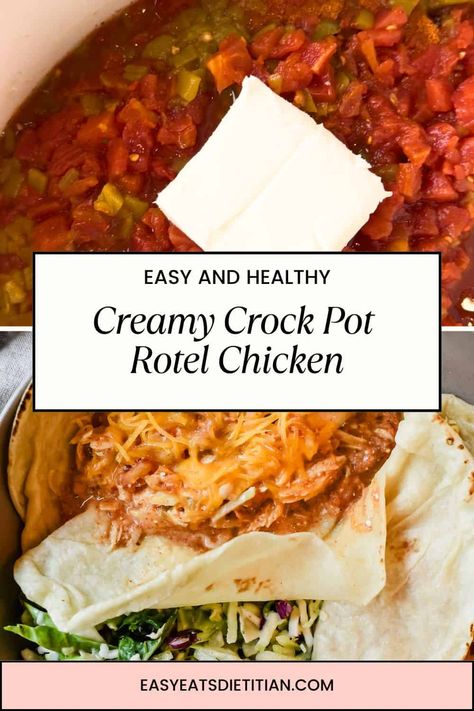 This creamy crock pot rotel chicken is absolutely delicious, requires only a few ingredients and less than 5 minutes of preparation time! This dish is a lightened up variation offering creaminess while still controlling portions and utilizing a lower-fat option to keep the dish from being overly indulgent. #chickenrecipes #crockpotrecipes #crockpotchicken #slowcookerrecipes #slowcooker #chickentacos Crock Pot Rotel Chicken, Rotel Chicken Crock Pot, Crockpot Rotel Chicken, Crock Pot Turkey Recipes, Rotel Crockpot, 5 Ingredient Dinner Recipes, Crockpot Chicken And Tomatoes, Crockpot Recipes Macro Friendly, Crockpot Chicken With Rotel