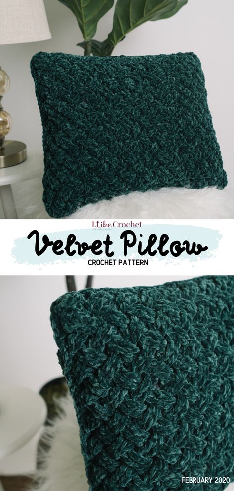 This classic pillow in a braided pattern is reminiscent of vintage velvet tuck pillows. This elegant take on a classic is stunning in bottle green, but would look wonderful in other gemstone colors like ruby or sapphire. Things To Make With Velvet Yarn, Crochet Velvet Pattern, Crochet Pillow Cover Velvet Yarn, Crochet Velvet Pillow Cover, Velvet Crochet Pillow Pattern Free, Velvet Yarn Crochet Pillow, Velvet Crochet Pillow Pattern, What To Crochet With Velvet Yarn, Velvet Yarn Knitting Patterns