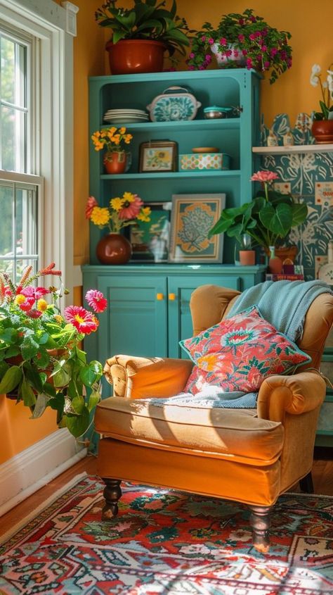 August Inspiration, Chinoiserie Interior, Eclectic Maximalism, Mixing Patterns, Narrow Living Room, Green Kitchen Cabinets, Shabby Chic Living, Cozy Spaces, Casa Vintage