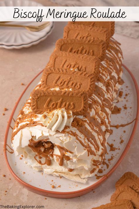 Fluffy Meringue, Traybake Cake, Meringue Roulade, Biscoff Recipes, Biscoff Cake, Biscoff Biscuits, Homemade Custard, Biscoff Spread, Clean Baking