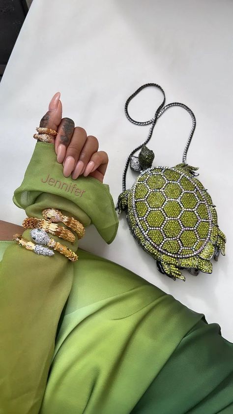 Embellished Bags, Green Turtle, Crystal Bags, Stone Bangle, Luxury Purses, Pretty Bags, Nail Shop, Bangle Set, Aesthetic Hair