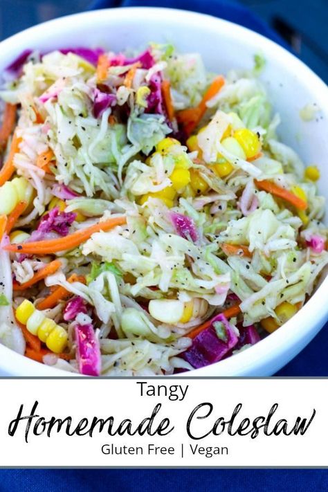 Tangy Homemade Coleslaw made with a vinaigrette base giving it a lively tangy taste that is perfect on it's own as a side dish or to top off pull pork sandwiches, tacos, burgers or alongside some fish and chips! #sidedishes #coleslaw #glutenfree #salad #veganrecipes  #healthysidedishes Bbq Dishes, Pork Sandwiches, Homemade Coleslaw, Best Salad Recipes, Awesome Recipes, Coleslaw Recipe, Fodmap Diet, Life Board, Recipe Board