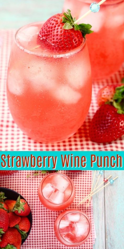 Easy Strawberry Wine Punch Cocktail ~ The perfect large batch party cocktail #cocktail #wine #strawberry #winepunch Wine Punch Recipes, Wine Punch, Wine Cocktail Recipes, Punch Cocktails, Moscato Wine, Wine Slushie, Wine Spritzer, Strawberry Wine, Frozen Cocktails