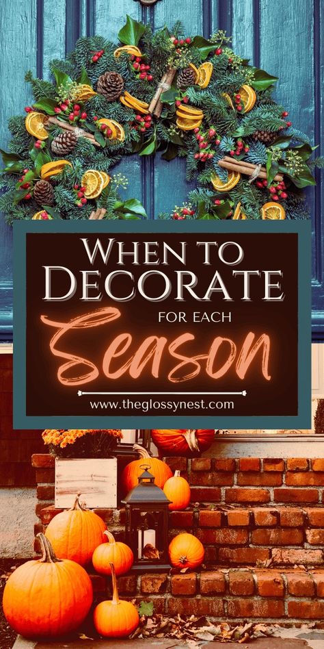 Confused about when to change seasonal decor & get ready for the next holiday? Don't decorate too early or late - learn the best times! Discover exactly when to decorate for fall, summer, winter, spring, Christmas, Easter, Valentine's Day, 4th of July, Memorial Day, Thanksgiving, Halloween & Day of the Dead & more. Also covers tricky times of year like how to decorate for both fall & Halloween. Get prepared for when to decorate for each season & holiday - it's easier than you might think! When To Start Decorating For Halloween, Fall Decorating Outdoors, Fall Or Halloween Decorations, Simple Fall Decorations For Home, Fall Country Decor Ideas, Decorate Home For Fall, How To Decorate For September, How To Decorate For Fall And Halloween, When To Start Decorating For Fall