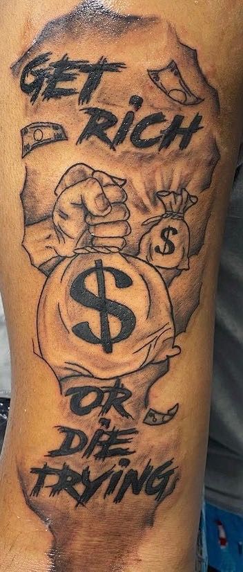 Love The Hustle Tattoo, Arm Tattoo Men Money, Hood Rich Tattoos, Money Half Sleeve Tattoos, Money Motivated Tattoo, Money Arm Tattoos, Road To Riches Tattoo For Men, Money Tattoo Designs Men, Money Tattoo Men