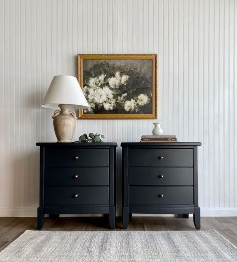 Black Painted Nightstand, Black Nightstand Styling, Black Fluted Nightstand, Bedside Table Black, Black Bedside Table Ideas, Black Night Stand, Black Bedside Tables, Black Nightstands, Black Nightstand Bedroom