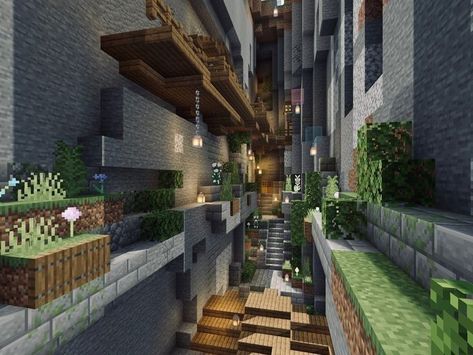 cute ravine built to look like overgrown and gives a fairy vibe Revine In Minecraft, Minecraft Ravine House, Ravine House Minecraft, Minecraft Ravine Ideas, Minecraft Ravine, Minecraft Outdoor Ideas, Minecraft Japanese House, Fairy Vibe, Cottage Minecraft