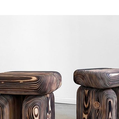 OBJECTS WITH NARRATIVES on Instagram: "Burned Dune Stools by Lisa Ertel Dune is a family of seating furniture made of solid wood. The Collection is a result of observing how time forms material. The sandblasting technique imitates the forces of nature, removing the soft early wood to reveal the annual rings of the tree. The dynamic structure created by the interplay of light and shadow makes the individual history of wood visible and tangible. The archaic form of Dune is a by stone benches called ‚Ruhstein‘. These contemporary witnesses were built in the area around south Germany and France in the 16th century. Positioned on connecting roads between two trading points the benches provided a place for traders and farmers to rest and put down heavy goods for a while. - Designer: Lisa Ert Sandblasted Wood, South Germany, Seating Furniture, Forces Of Nature, Wooden Log, Stone Bench, Log Furniture, Art Wallpaper Iphone, Furniture Details