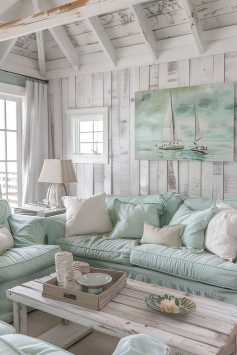 Sea Glass Inspired Living Room, Coastal Farmhouse Furniture, Cottage Beach House Decor, Cozy Coastal Home, Coastal Sunroom Ideas, Coastal Farmhouse Decor Living Room, Beachy Living Room Coastal Style, Small Coastal House, House On Sea