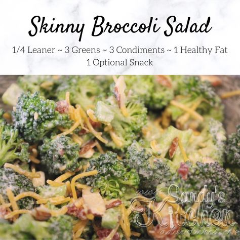 Skinny Broccoli Salad! This healthier version is low carb and delicious! Substituting plain Greek yogurt for most of the mayo lightens it up. The sliced almonds, bacon bits and shredded cheddar cheese adds classic flavor to this dish! Easy Brocolli Salad, Easy Broccoli Salad Recipe, Easy Broccoli Salad, Medifast Recipes, Salad Spinners, Lean Protein Meals, Keto Broccoli, Easy Broccoli, Lean And Green