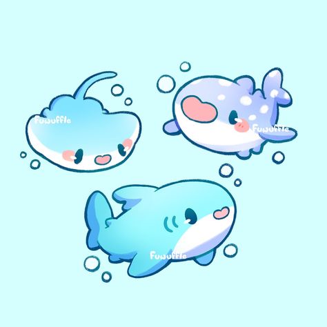 Smile! These sea friends are ready to swim this summer~ 💦 Do you have a favorite sea creature? I think dolphins and sea turtles are very … | Instagram Kawaii, Chibi Shark Drawing, Cute Stingray Wallpaper, Chibi Dolphin, Polymer Clay Sea Creatures, Cartoon Shark Drawing, Cute Sea Turtle Drawing, Sea Creature Doodles, Kawaii Sea Animals