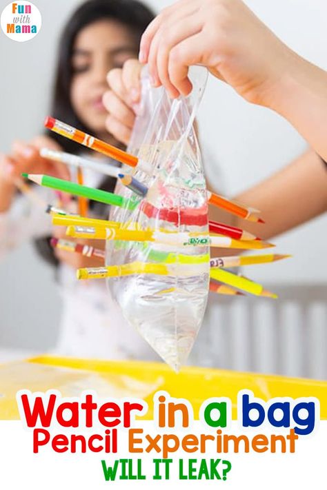 Water Experiment for Kids - water in a bag pencil experiment Water Experiments For Kids, Vetenskapliga Experiment, Science Experiments Kids Preschool, Water Experiments, Experiment For Kids, Science Week, Summer Science, Science Experiments For Preschoolers, Science Learning