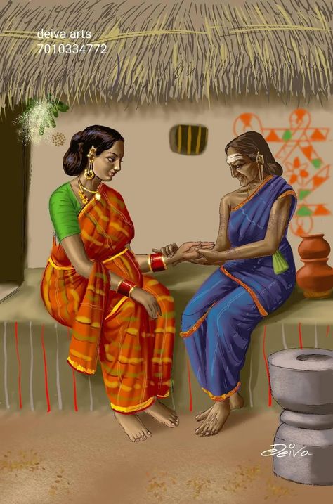 Tamil Art Culture, Pictorial Composition, Tamil Art, Tamil Culture, Village Scene Drawing, Indian Drawing, Childhood Memories Art, Composition Painting, Indian Women Painting