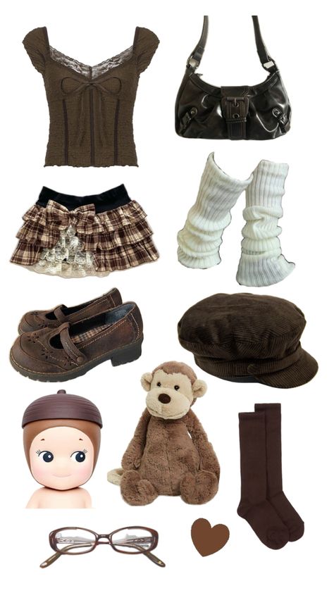 Brown clothes, accessories, more (cute style🍰🍓) #outfitinspo #outfit #inspo #vibe #brown #jellycat #cute #clothes #accessories #sonnyangel #shoujo #autumn Vibe Brown, 2000 Outfits, Brown Clothes, Funky Outfits, Brown Outfit, Cute Clothes, Fall Fits, Cute Style, Mermaid Fashion