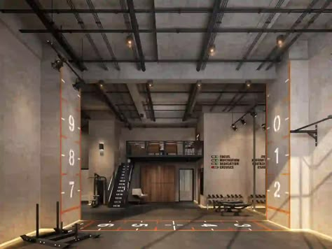 Industrial Style Gym Design Bodybuilding Gym Design, Warehouse Gym Design Industrial Style, Industrial Gym Interior, Industrial Gym Design, Industrial Home Gym, Industrial Gym, Crossfit Studio, Sport Office, Minimal Loft