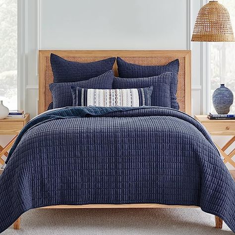 Dark Blue Quilt Bedding, Navy Blue King Bedding, Navy Blue And Tan Bedding, Navy Bedroom Bedding Ideas, Navy Blue Quilt Bedding, Navy Farmhouse Bedding, Navy And Brown Bedding, Levtex Home Mills Waffle Quilt Set, Navy Quilt Bedding