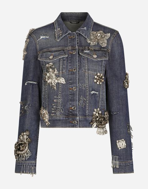 Denim jacket with rhinestone details Sequin Appliques, Leather Tag, Blue Denim Jacket, Safety Pin, Metal Buttons, Shirt Collar, Cuff Sleeves, Dolce And Gabbana, Denim Jacket