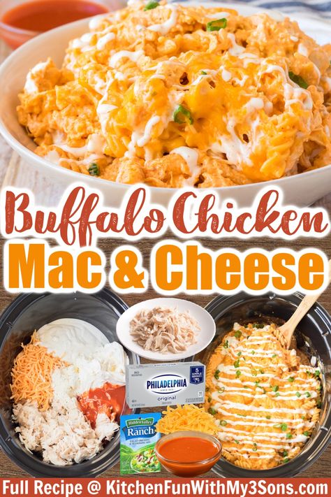 This Buffalo Chicken Mac and Cheese is rich, spicy, cheesy and incredibly easy to make by tossing just a handful of ingredients into a crockpot! Buffalo Mac N Cheese Recipe, Chicken Mac And Cheese Recipe, Buffalo Chicken Mac And Cheese, Buffalo Mac And Cheese, Beef Dinner Recipes, Chicken Mac And Cheese, Ground Beef Dinner, Buffalo Recipe, Chicken Crockpot Recipes Easy