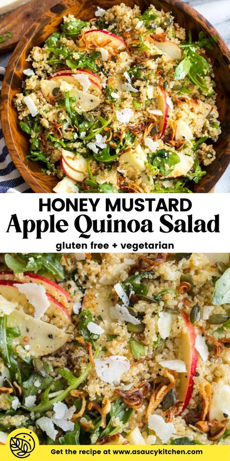 Fluffy quinoa, peppery arugula, sweet and crunchy apple slices with crispy fried shallots topped with a super simple honey mustard vinaigrette - there's so much to love in this quinoa apple salad! | Gluten Free + Vegetarian Apple Quinoa Salad, Apple Quinoa, Fluffy Quinoa, Salad Gluten Free, Quinoa Recipes Easy, Honey Mustard Vinaigrette, Fried Shallots, Mediterranean Diet Recipes, Quinoa Recipes