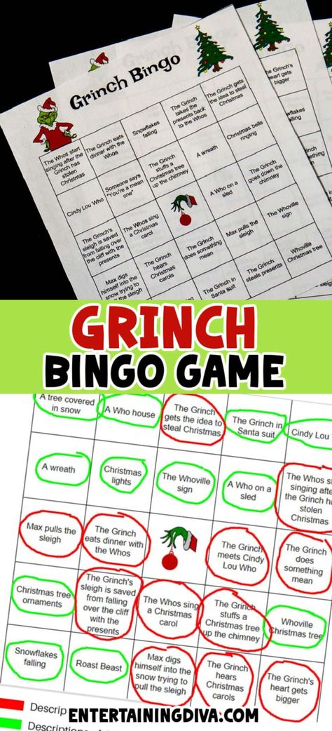 Grinch Bingo (A Free Printable Christmas Game) | Christmas Ideas Grinch Party Games, Grinch Bingo, Free Printable Grinch, Grinch Games, Christmas Pictionary, Christmas Games To Play, Fun Family Christmas Games, Christmas Word Scramble, Christmas Gift Exchange Games