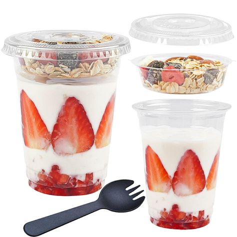 PRICES MAY VARY. GREAT VALUE PACK: The package includes 50pcs 12 oz (360ml) clear plastic parfait cups, 50pcs flat lids (No Hole), 50pcs inserts and 50pcs plastic sporks for your convenience. RELIABLE MATERIAL: Made of crystal clear, sturdy and durable PET (Polyethylene terephthalate), 100% BPA free and food safety. And it can be firmly fixed when closed, and can be resealed after opening. INSERT DESIGN: What's special about our dessert cup is that it's designed with a insert, you can put fruit, Yogurt Parfait Cups, Cereal Oatmeal, Parfait Cups, Fruit Cereal, Yogurt Parfait, Clear Plastic, Yogurt, The Go, Cereal