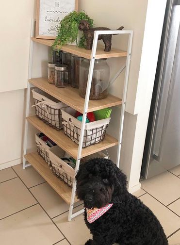 Storage For Pet Supplies, Storage Dog Stuff, Dog Area In Dining Room, How To Organize Dog Stuff, Dogs Organization Ideas, Pet Treat Organization, Storage Ideas For Dog Supplies, Pet Supply Storage Ideas, Dog Corner In Kitchen