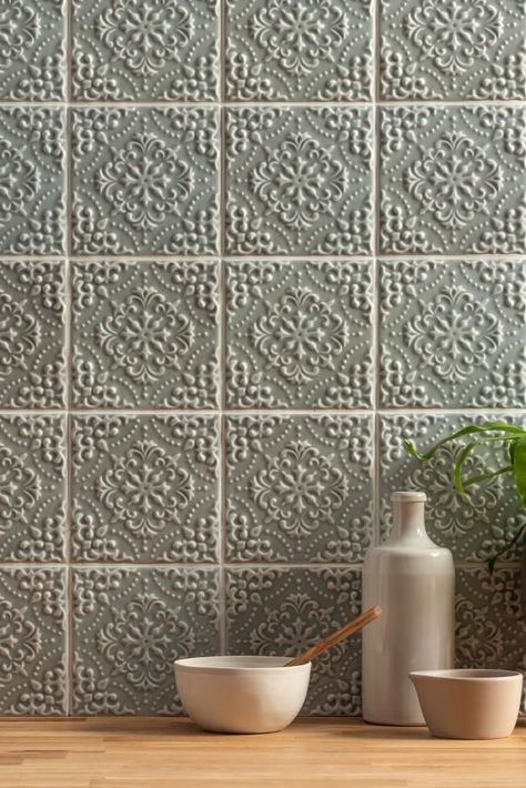 The Highgrove tile has a sophisticated, heritage style, available in four gorgeous vintage colours. The embossed tile is highly decorative and perfect for a dramatic feature wall. Shower Splashback, Original Style Tiles, Embossed Tile, Vintage Colours, Fixer Upper Home, Style Tiles, Victorian Floor Tiles, Victorian Floor, Artisan Tiles