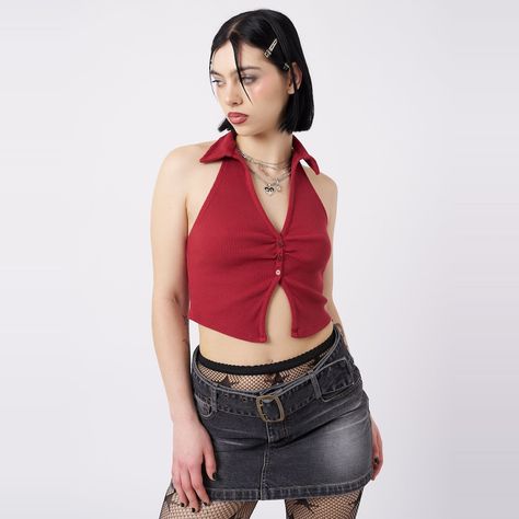 00s Fashion, Red Crop Top Outfit, Red Halter Top, Minga London, Spring Closet, Red Crop Top, Tumblr Outfits, Y2k Outfits, Halter Neck Top