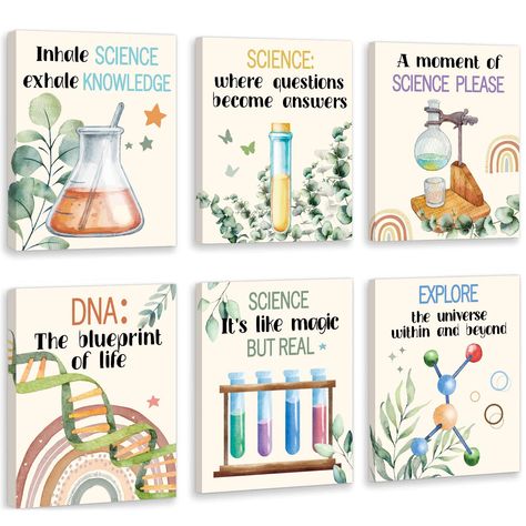 PRICES MAY VARY. [INSPIRATIONAL QUOTES]: This watercolor science lab decorations is consists of 6 panels. There are inspirational words and clear interesting patterns on each panel,like[where questions become answers] [Inhale science exhale knowledge]Hanging it in the classroom can add to the students' interest in learning.Add motivational touch to classroom and help student through difficult times and encourage them. [PERFECT WALL DECORATIONS]:This words of affirmation science wall art is suita Boho Science Classroom, Aesthetic Science Classroom, Science Students Quotes, Science Quotes For Classroom, Physics Design Ideas, High School Science Classroom Decorating, Lab Decoration Ideas, Science Room Decor Classroom Ideas, Science Poster Ideas